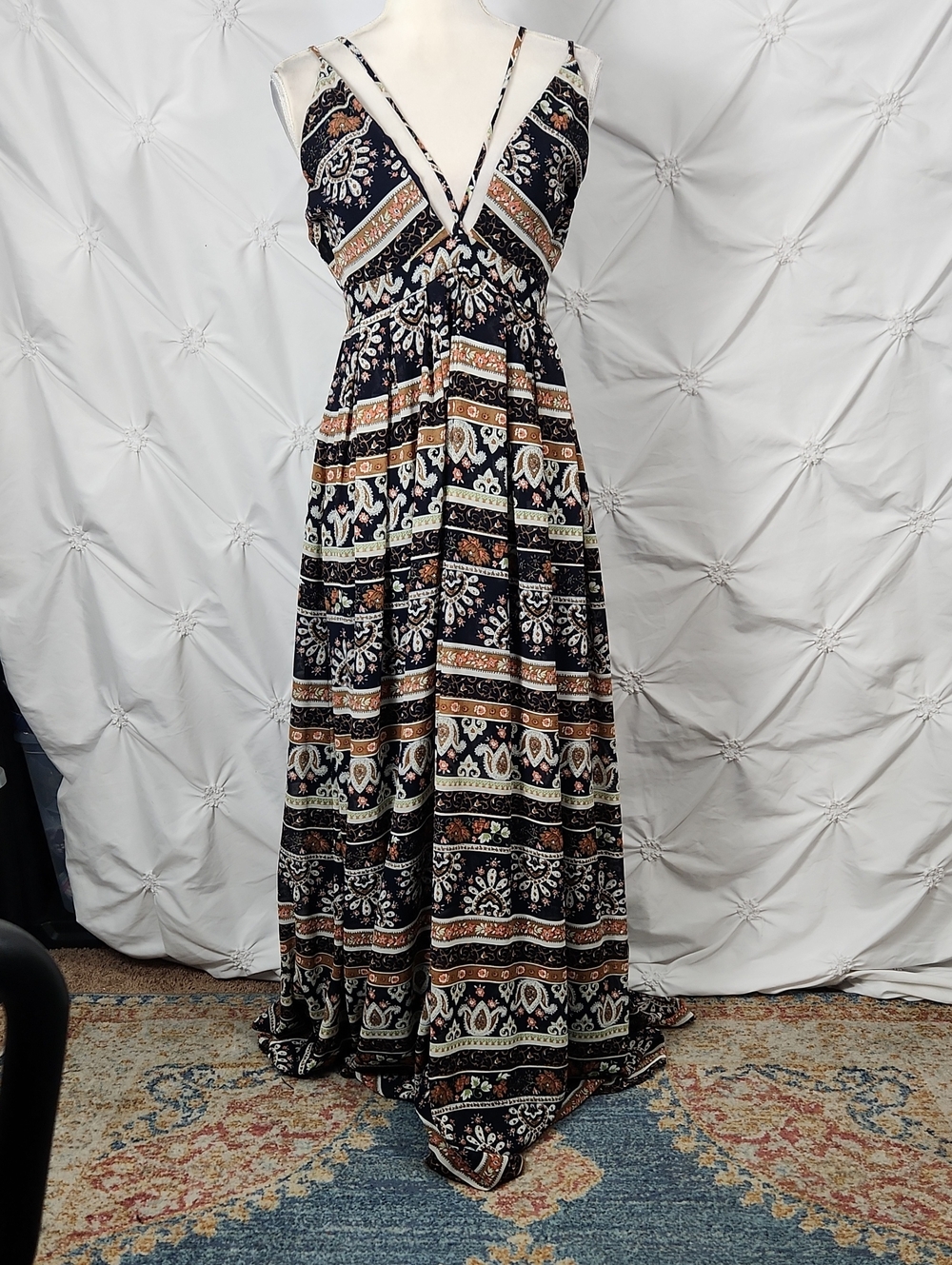 Lucyparis  Bohemian Striped Floraldeep V Multistrap  Maxi Dress - Black/Multi